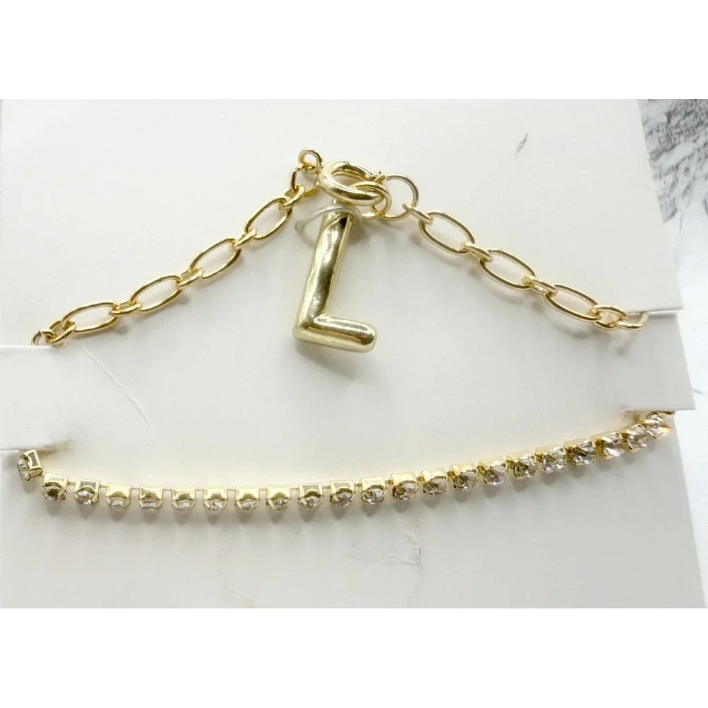 Gold Tone Rhinestone and Initial L Charm Bracelet Stack Set of 2